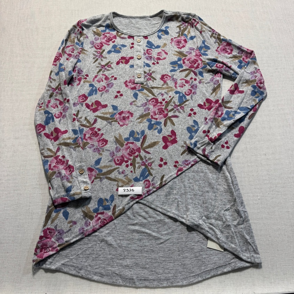 LUOFEN Floral Henley Top Long Sleeve  Womens Large Grey